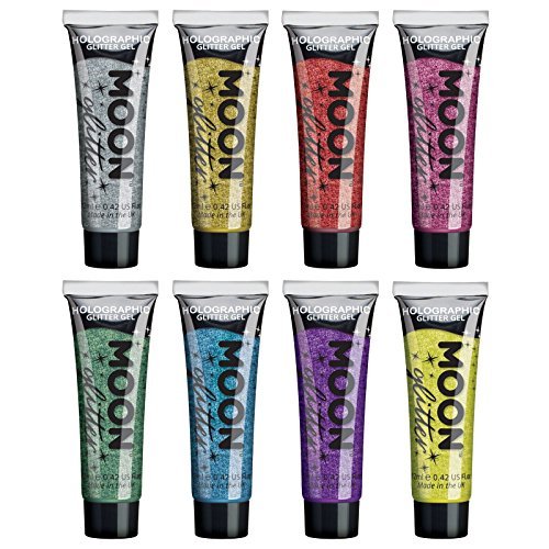 Holographic Face & Body Glitter Gel by Moon Glitter - 0.40fl oz - Set of 8 colours - Glitter Face Paint