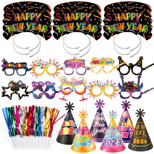 HOWAF New Years Eve Party Supplies -42pcs Happy New Year Cone Hats Fringed Noisemaker Headpieces Paper Eyeglasses for 2024 New Year Eve Party Decoration Favors, 2024 Decorations Kit for Kids Adults