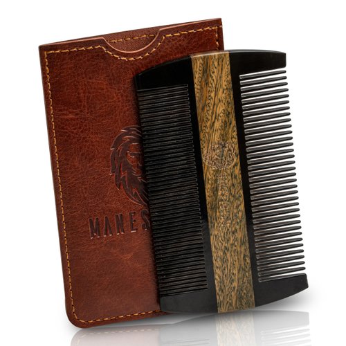 Premium Natural Ox horn and Sandalwood Dual-Action Beard Comb with Brown Protective Case – the Perfect Beard & Mustache Grooming Companion & Gift for Men – by Man & Mane