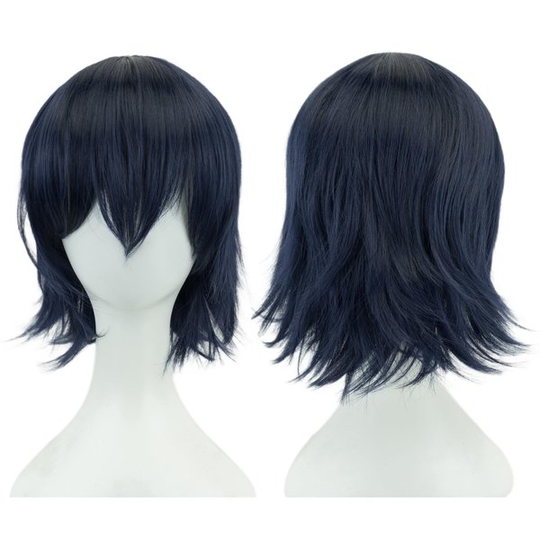 12 Inches Unisex Short Cosplay Hair Party BOB Wig with Bangs Halloween Costume Wigs (Dark Blue)