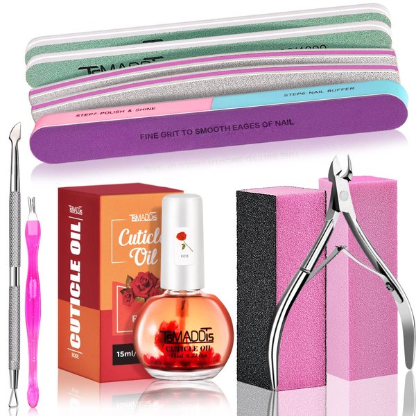 TsMADDTs Nail Buffers and Files, Manicure Tools Kit Nail File Kit with 3PCS Nail Files, 2PCS Nail Buffer Blocks, 2PCS Polishing Nail Buffers,Cuticle Nippers, Cuticle Pusher and Cuticle Oil