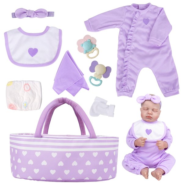 Aori 9 Pcs Reborn Baby Dolls Clothes with Bassinet for 17-22 Inch Baby Doll, Purple Carrier Bed and Baby Doll Clothes Accessories fit Newborn Girl Doll
