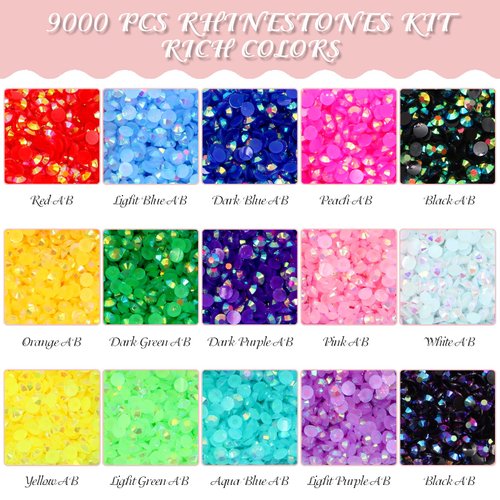 9000pcs Flatback Rhinestones, ZYNERY 15 Mixed Color Flat Back Gems Round Shape Crystals Rhinestones for Crafts Nail Face Art Shoes Diamond Painting with Storage Box/Tweezers/Drill Pen (4mm)