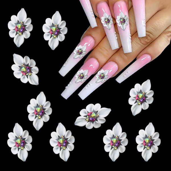 WOKOTO 10 Pcs White Simulation Flowers Nail Charms 3D Carve Flowers Charms for Nails Flower Nail Art Charms for Acrylic Nails Nail Flowers Charms for Nails Resin Flowers Nail Accessories 3D Flower