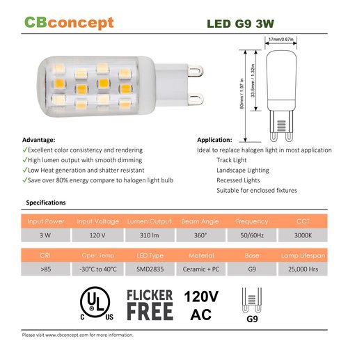 CBconcept UL Listed G9 LED Light Bulb, 5 Pack, 3 Watt, 310 Lumens,Not Dimmable, Warm White 3000K, 360 degree Beam Angle, 120 Volt, 40W Equivalent JCD Halogen G9 Replacement Patented Designed