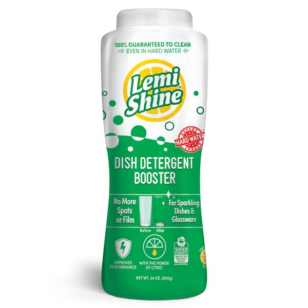 Lemi Shine Dish Detergent Booster, Hard Water Stain Remover, Multi-Use Citric Acid Cleaner (24 oz Container, 1 Bottle)