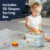 PREXTEX 3-in-1 Wooden Sorting and Stacking Toys - Includes 3D Shapes Sorting Box, 5 Stacking Rings with Bear, Elephant with Wheels - Develops Motor Skills - Ages 18 Months up