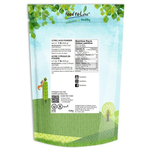 Food to Live Citric Acid Powder, 1 Pound Anhydrous, Fine Granules, Food Grade Lemon Salt, Great for Cheese Making, Good for Bath Bombs, Kosher, Sour Salt in Bulk