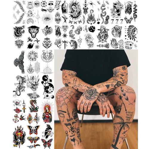 Impressed 48 Sheets Unisex Vintage American Traditional Temporary Tattoos - Small Semi Permanent Blackwork Minimalist Fake Tattoo for Women and Men - Tiny Adult Hand, Sleeve, Finger Tat for Teens