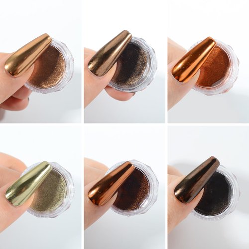 Chrome Nail Powder Set, 6 Maillard Colors Metallic Brown Chrome Nail Powder Mirror Effect Brown Pigment Chrome Powder Manicure Nail Glitter Dust with Sponge Applicators
