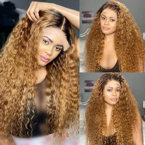 Aikebi Light Brown 27 Curly Human Hair Wig Lace Frontal Closure Jerry Wave Human Hair Wig Pre Plucked Pre Cut Lace Frontal Closure Glueless Wigs Elastic Band 200% Density