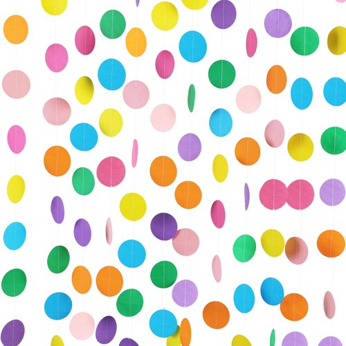 RUBFAC 5pcs Colorful Paper Garland Circle Dots Party Hanging Rainbow Decorations for Birthday Wedding Baby Shower Classroom Candyland Streamers Party Supplies (66ft)