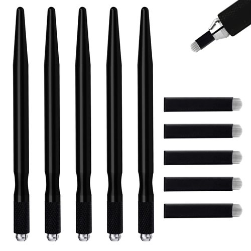 5 Pcs Microblading Pens with 5 Pcs Nano 0.18mm 18 Pins U Shape Microblade Blades,Light Manual Tattoo Eyebrow Pen Aluminum Microblading Hand Tools Microblade Holder for Permanent Makeup Supplies