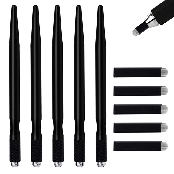 5 Pcs Microblading Pens with 5 Pcs Nano 0.18mm 18 Pins U Shape Microblade Blades,Light Manual Tattoo Eyebrow Pen Aluminum Microblading Hand Tools Microblade Holder for Permanent Makeup Supplies