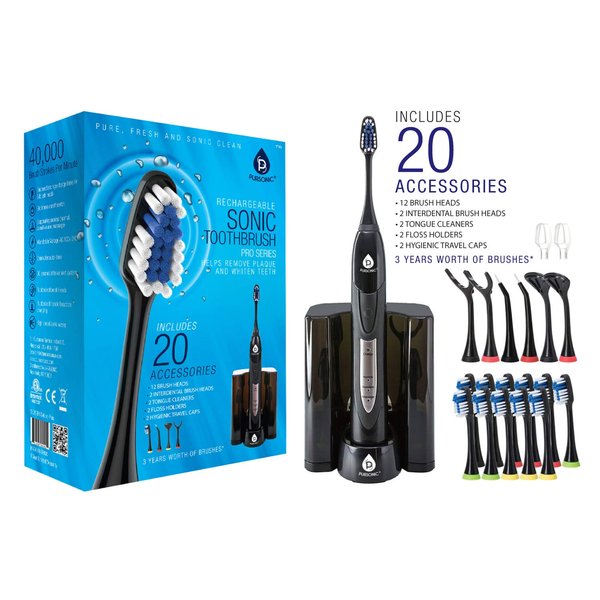 PURSONIC S520 Black Ultra High Powered Sonic Electric Toothbrush with Dock Charger, 12 Brush Heads & More! (Value Pack)