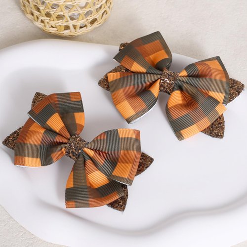 Glitter Happy Fall Orange Buffalo Plaid Ribbon Bows Hair Clips 4'' for Girls Kids Turftan Brown Checkered Hair Bow Alligator Barrettes Autumn Wreath Thanksgiving Decor Accessories Gift