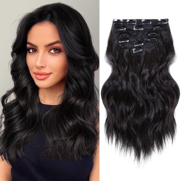 NAYOO Clip in Hair Extensions for Women 14 Inch Short Wavy Curly Natural Black Hair Extension Full Head Synthetic Hair Extension Hairpieces(6PCS,Natural Black)