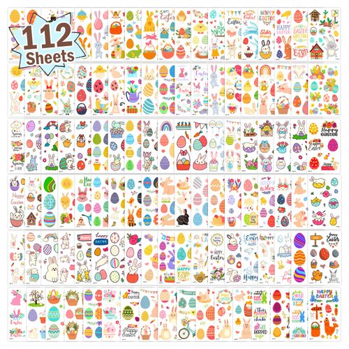 Partywind 1050 Styles (112 PCS) Easter Temporary Tattoos for Kids Basket Stuffers, Easter Boys Girls Party Supplies Favors, Easter Egg Hunt Games Prizes Goodie Bag Fillers for Toddlers Toys