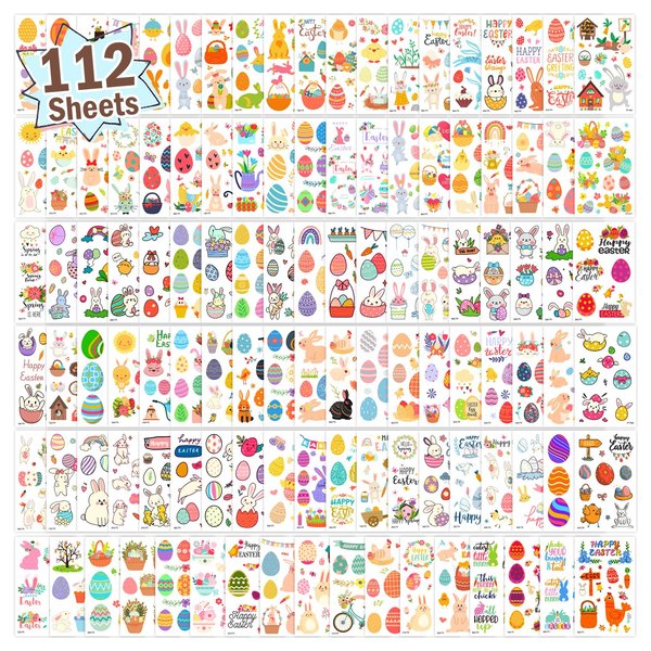 Partywind 1050 Styles (112 PCS) Easter Temporary Tattoos for Kids Basket Stuffers, Easter Boys Girls Party Supplies Favors, Easter Egg Hunt Games Prizes Goodie Bag Fillers for Toddlers Toys