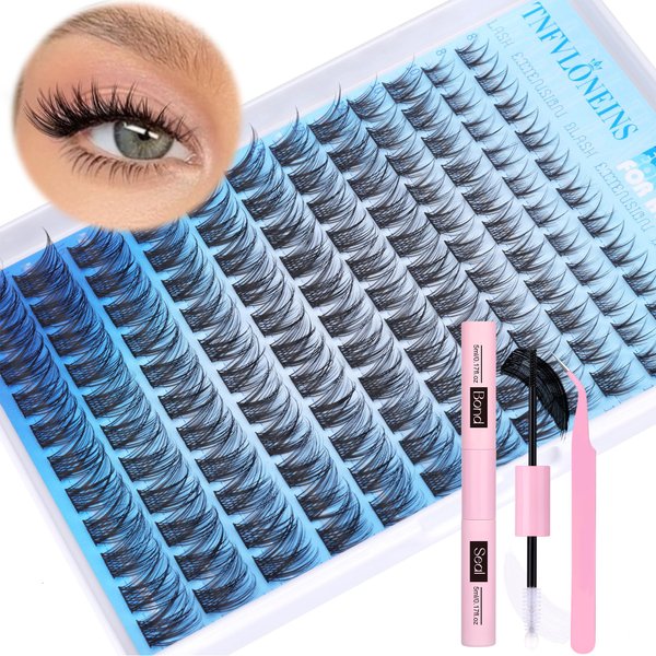 Wispy Lash Extension Kit Natural Lash Clusters Kit D Curl Eyelash Extension Kit DIY Cluster Eyelash Extensions Kit 8-16MM Individual Lashes Clusters with Bond and Seal and Tweezers by TNFVLONEINS