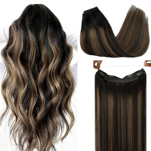 DOORES Human Hair Extensions Wire Hair Extensions Balayage Dark Brown to Chestnut Brown 16 Inch 95g Real Hair Extensions Invisible Hairpiece Wire Extensions with Transparent Fish Line
