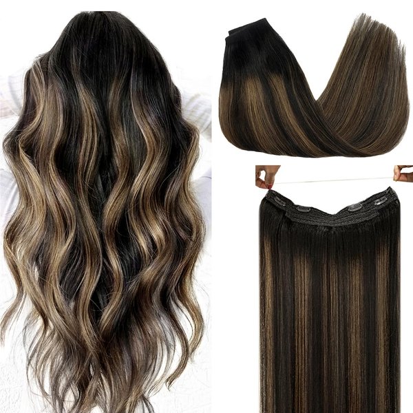 DOORES Human Hair Extensions Wire Hair Extensions Balayage Dark Brown to Chestnut Brown 16 Inch 95g Real Hair Extensions Invisible Hairpiece Wire Extensions with Transparent Fish Line