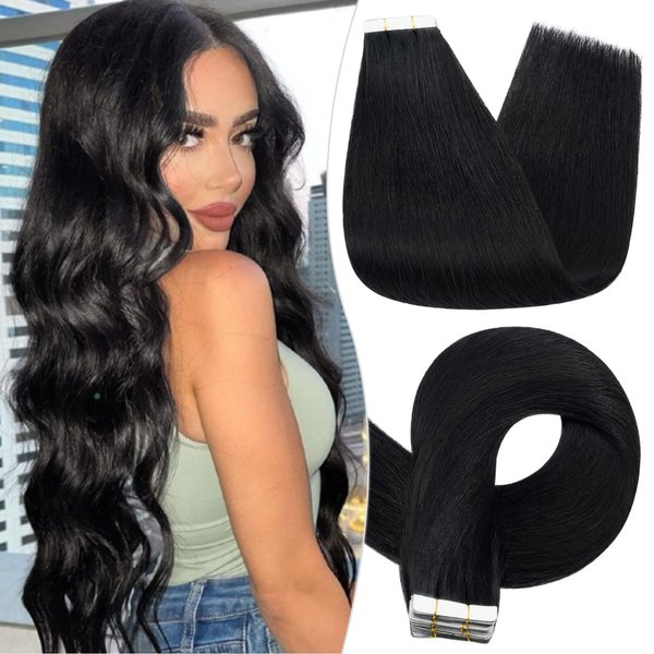 S-noilite Tape in Remy Human Hair Extension for Women Invisible Double Tape Glue in Real Human Hair Seamless Skin Weft Full Head Straight 40Pcs (22Inch/100g #01 Jet Black)