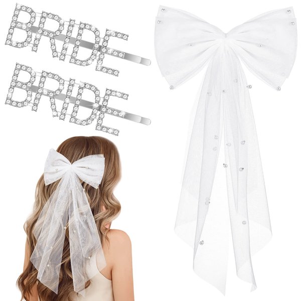 3 Pcs Bachelorette Party Decorations Bridal Pearl White Hair Bow Bridal Silver Hair Clips Letter Clip Pins for Bridal Wedding Party Favors