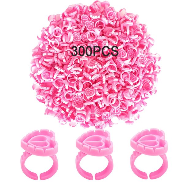 300PCS Glue Rings Lash Rings for Glue, Disposable Rings for Lashes, Smart Glue Rings Holder for Eyelash Extensions, Lovely Shape Lash Fan Blossom Glue Holder Cups for Lash Extension Supplies, Rose red