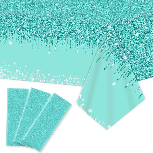 3 Pieces Teal and Silver Tablecloths for Happy Birthday Party Decoration Plastic Disposable Breakfast Blue Birthday Theme Table Covers for Girl Women Silver Glitter Birthday Party Supply, 54x108 Inch