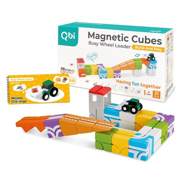 QBI Toy Busy Wheel Loader: Build and Play,Building Tiles, 3D Colorful Magnetic Blocks Construction Educational STEM Toys with Kids car for 3+ Year Old Boys & Girls Montessori Game (21 Pieces)