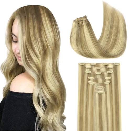 GOO GOO Clip in Hair Extensions Real Human Hair, 20inch 120g 7Pcs, 16/22 Light Blonde Highlighted Golden Blonde, Remy Human Hair Extensions Clip ins for Women, Natural Human Hair