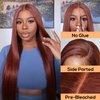 Julia Hair 12A Bye Bye Knots Glueless Wig Reddish Brown Yaki Straight Virgin Human Hair Pre Cut 7x5 HD Lace Front Wigs Invisible Knots Pre Plucked Pre Bleached Auburn Copper Wig 150% Density 22 Inch