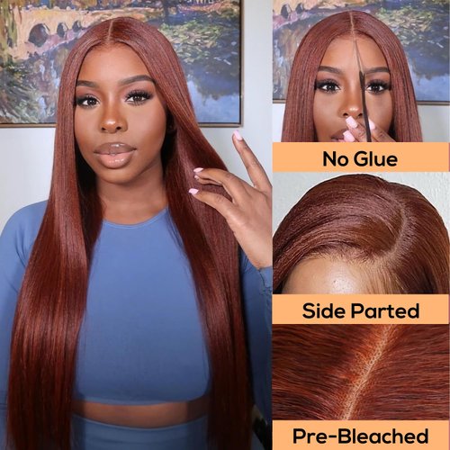 Julia Hair 12A Bye Bye Knots Glueless Wig Reddish Brown Yaki Straight Virgin Human Hair Pre Cut 7x5 HD Lace Front Wigs Invisible Knots Pre Plucked Pre Bleached Auburn Copper Wig 150% Density 22 Inch