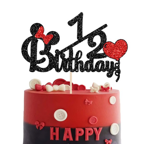 Happy 1/2 Birthday Cake Topper, Black and Red Glitter Mouse Theme Baby Shower Sign, Carton Theme Cake Decoration, 6 Months Birthday Party Supplies for Girls or Boys