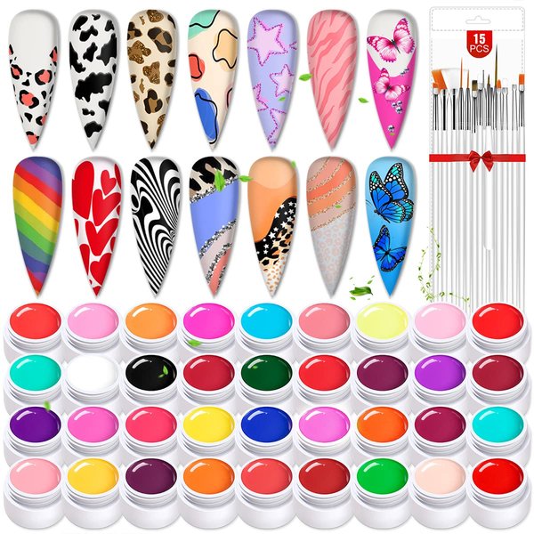 SAVILAND 36 Colors Gel Paint Nail Art Kit - French Ombre Nail Kit Solid Nail Art Gel Polish with 15pcs Painting Drawing Nail Brushes for DIY Nail Art Design & Manicure Nail Salon
