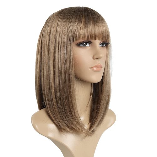 SYXLCYGG Bob Wig Brown Short Wigs Flame Retardant 14" Straight Silky Fluffy Synthetic Womens Hair Wigs With Bangs Girl Cosplay Party Daily(Free Wig Cap)