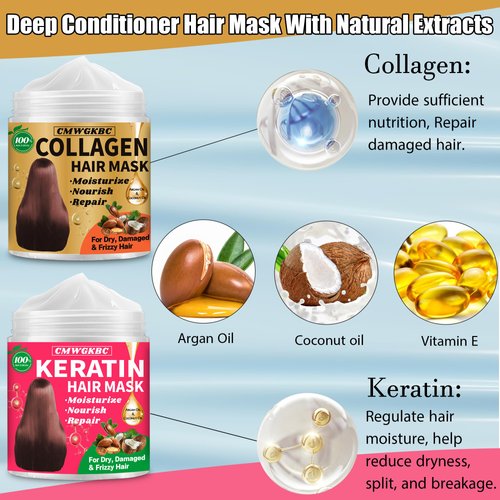 Collagen Hair Mask & Keratin Hair Mask for Damaged Hair, Keratin Hair Treatment, Repair Deep Conditioner for Dry Hair,Vitamin E Natural Hydrating Hair Mask with Argan Oil for All Hair Types 2 Pack Kit