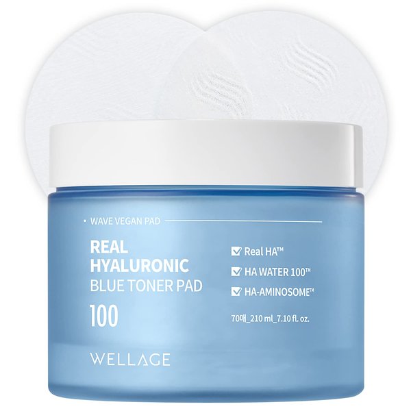 WELLAGE Real Hyaluronic Blue Toner Pad – Quick Soothing & Moisturizing Face Pads with Hyaluronic Water - Irritation Free Exfoliating Toner Pads for Skin Smooth, 70 Sheets
