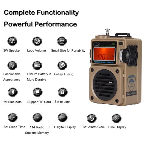 ASHATA Portable Full Band Digital Radio, FM/WB/Shortwave/Medium Radio with LCD Display, Alarm Clock, Speaker, for Bluetooth, 6 EQ Modes, FM/MW/SW/WB/BT/Music Receiver (Khaki)