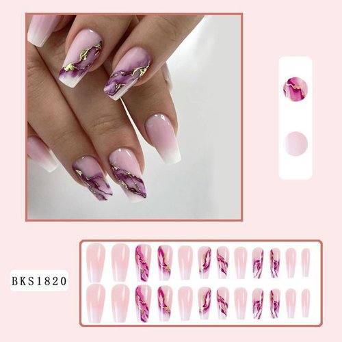 Purple Marble Gold Foil Press on Nails Long Pink Gradient Fake Nails Glossy Coffin Nails Reusable Artificial False Nails with Glue on Nails Full Cover Stick on Nails for Women DIY Charm Manicure