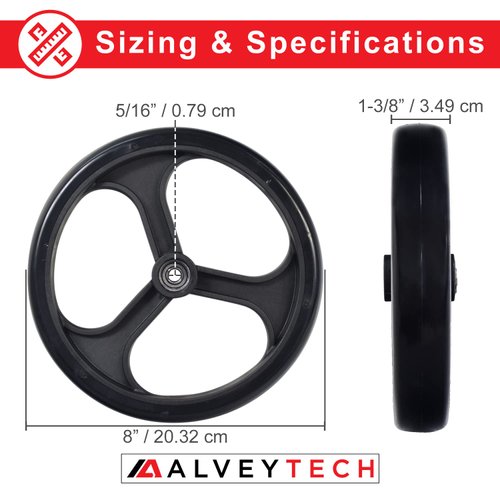 AlveyTech 8" 3-Spoke Black Rear Caster Wheel - Fits Transport Medical Chair, Bariatric, Walker & Mobility Wheelchair - Anti-Skid Rollator Wheels Replacement - Guardian Walker Parts