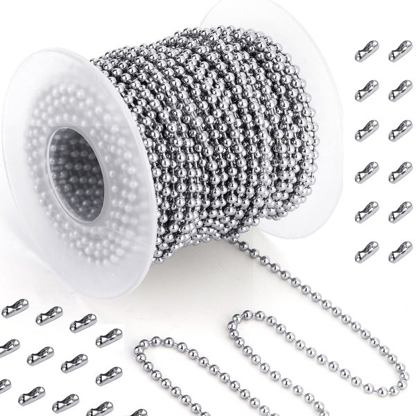 PP OPOUNT 33 Feet Ball Bead Chain, 2.4 mm Stainless Steel Pull Chain Beaded with 50 PCS Matching Connectors, Bead Chain for Jewelry Making Necklace Keychain Dog Tag Chain