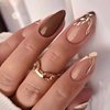 24 Pcs Almond Press on Nails Fall Fake Nails Brown White Medium False Nails with Leaf Designs Full Cover Glossy Acrylic Glue on Nails Autumn Thanksgiving Stick on Nails for Women Manicure DIY