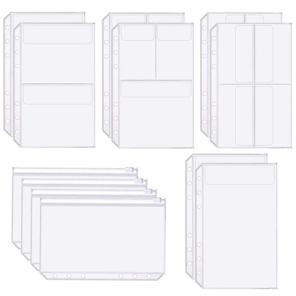 CiCiKiea A5 Binder Pockets, 12PCS A5 Size 6 Holes Binder Pockets, [Waterproof PVC Pouch] Premium Clear Binder Zipper Folders Document Filing Bags for 6-Ring Notebook Binder Loose Leaf Bags, Clear