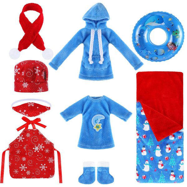 9 Pieces Christmas Elf Doll Accessories Set Include Elf Sleeping Bag Scarf Mask Shirt Hoodie Shoes Apron Chef Hat Swim Ring Fit for Elf Dolls Christmas New Year, Doll is Not Included