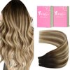 YoungSee Weft Hair Extensions Human Hair Balayage Human Hair Sew in Extensions Dark Brown Roots Blending into Medium Brown with Warm Blonde Highlights Sew in Hair Extensions Real Human Hair 100G 20In