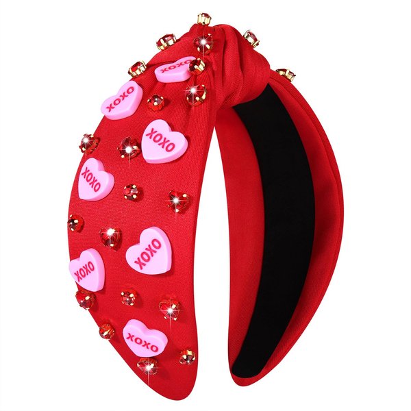 Valentine’s Day Heart Headbands for Women Valentine’s Day Accessories Jeweled Beaded Heart Knotted Headband Pink Red Rhinestone Wide Top Knot Headband Valentine Party Favors Gifts (Heart Headband 5)