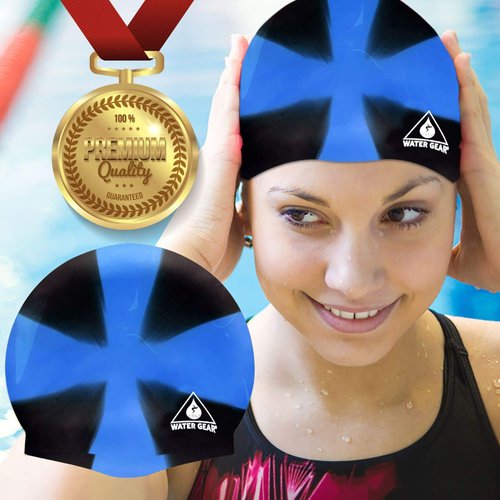 Water Gear Jazz Silicone Swim Cap - Flexible Unisex - Great for Short and Long Hair - Improve Your Performance (X-BLUE/BLACK, One Size)