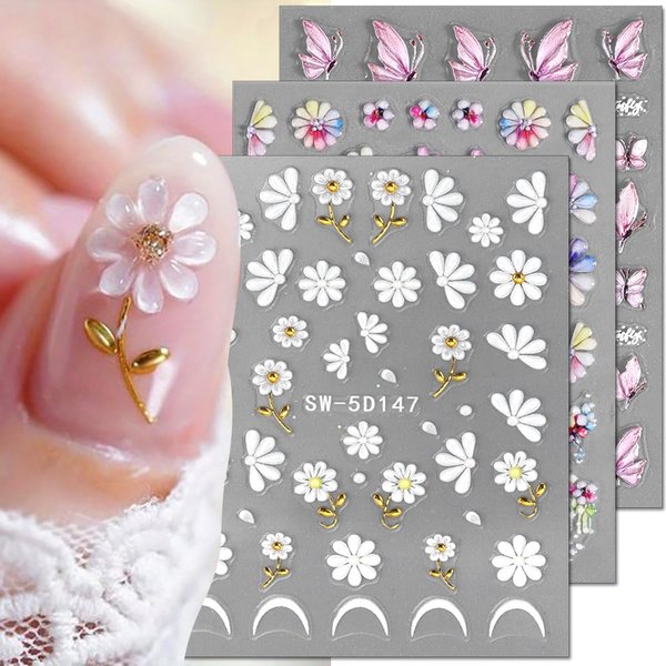 3Sheets 5D Jelly Crystal Flower Nail Stickers for Nail Art,Embossed Relief Nail Design Butterflies Flower Nail Decals Spring Summer Colorful Floral Petals Butterfly Nail Art Stickers Nail Accessories